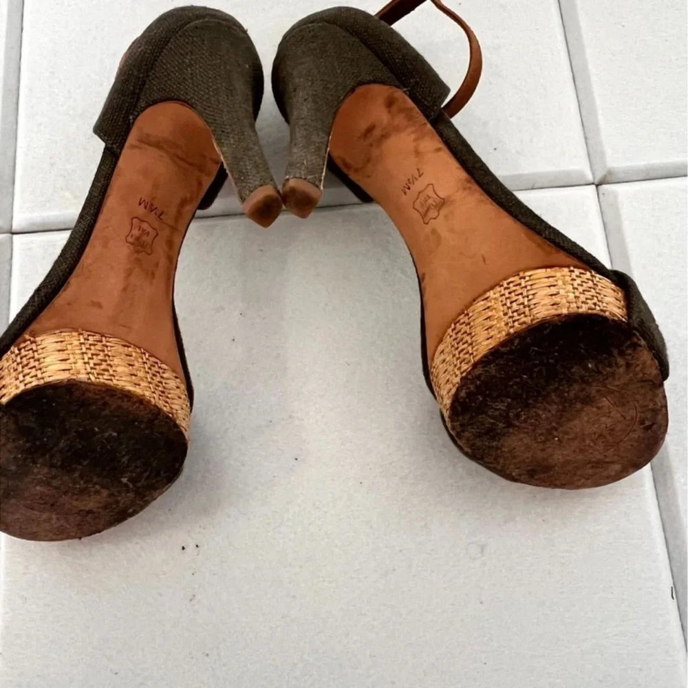 Tory Burch Amina Olive Woven Platform Heels Raffia‎ Ankle Strap 7.5